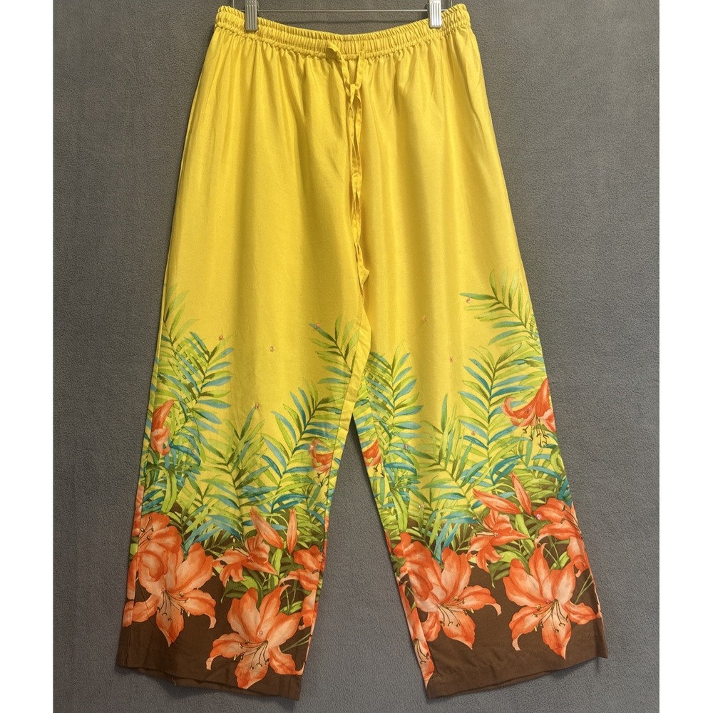 Bamboo Traders Silk Pull On Pants Sequin Size L Tropical Print Resort Wear Beach
